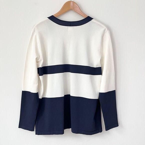 Vintage Talbots Open Front Cardigan Sweater Size M Blue Cream Nautical Preppy - Picture 6 of 8